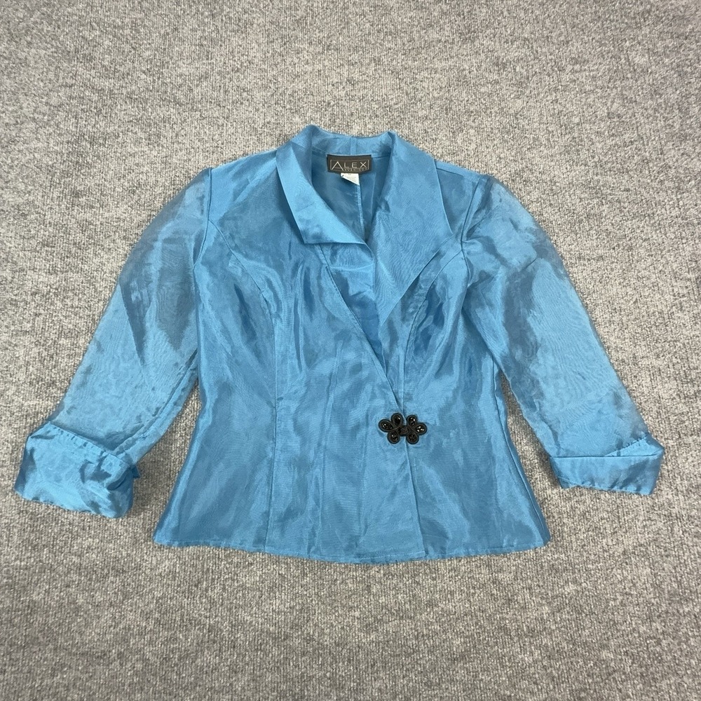 Alex Evenings Blazer Womens Medium Blue Sheer Beaded Toggle 3/4 Sleeve Formal